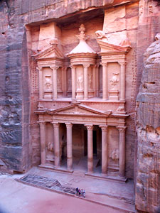 Petra's al-Khazneh, from an overlook across the open courtyard in front of it.  Not at all like the Indiana Jones movie makes it out to be on the inside.