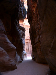 Petra's al-Khazneh (The Treasury), as viewed through the end of the Siq into Petra, a view not unlike that of Indiana Jones.