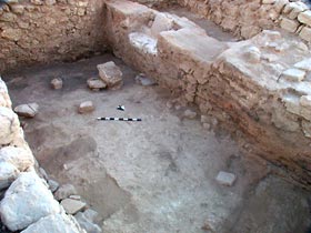 Large hall of the Late Bronze Age palace/temple with wall of mixed construction of bricks and stones on right