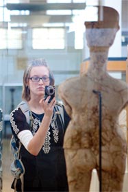 Erin Matthews meeting a neolithic plaster figure from Ayn Ghazzal