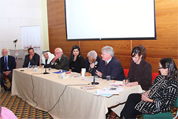 Panel Participants (from left) Douglas Clark, Dr. Monther Jamhawi (Director General of the Department of Antiquities [DoA]), Dr. Raouf Abujaber (land owner and 19th-century historian), Dr. Ghazi Bisheh (former Director General of the DoA), HRH Princess Sumaya (patron with her father, HRH Prince Hassan, of Jordanian archaeology and long-time friend of the `Umayri excavations), Aqel Biltaji (Mayor of the Greater Amman Municipality and former Minister of Tourism), Dr. Gary Rollefson (prehistorian and long-time researcher in Jordan), Dr. Morag Kersel (prehistorian and specialist in the ethics of archaeology), and Dr. Barbara Porter (Director of the American Center of Oriental Research in Amman).